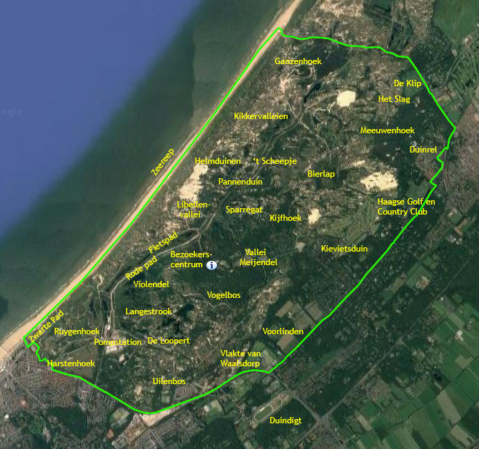 Overzichtskaart van Meijendel met de kust, de gebiedsgrens en benoemde deelgebieden